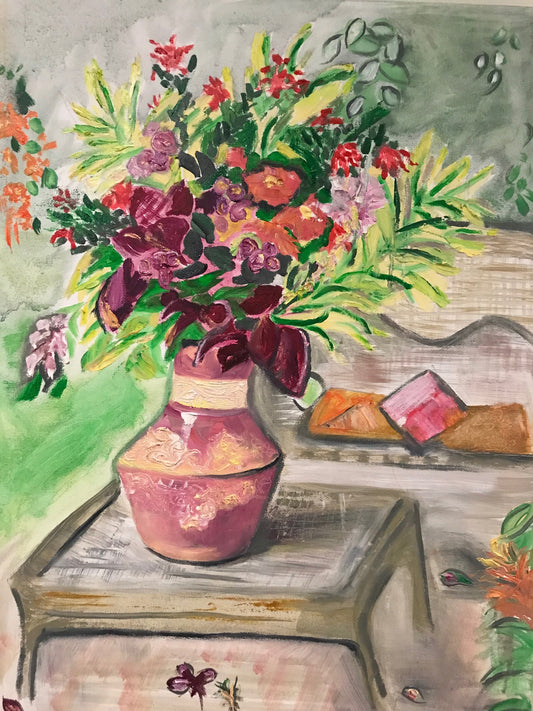 Greeting Card - Still Life - Foliage in Mim's pink vase by Donna Byer August 2022