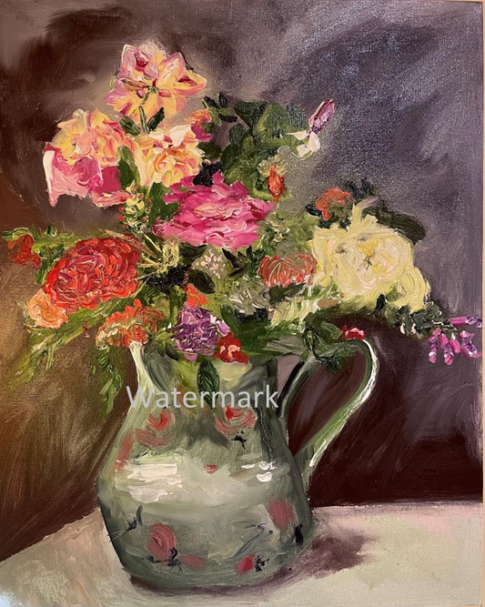 Greeting Card - Mim's Roses and Vase in yellows pinks reds with paynes grey background